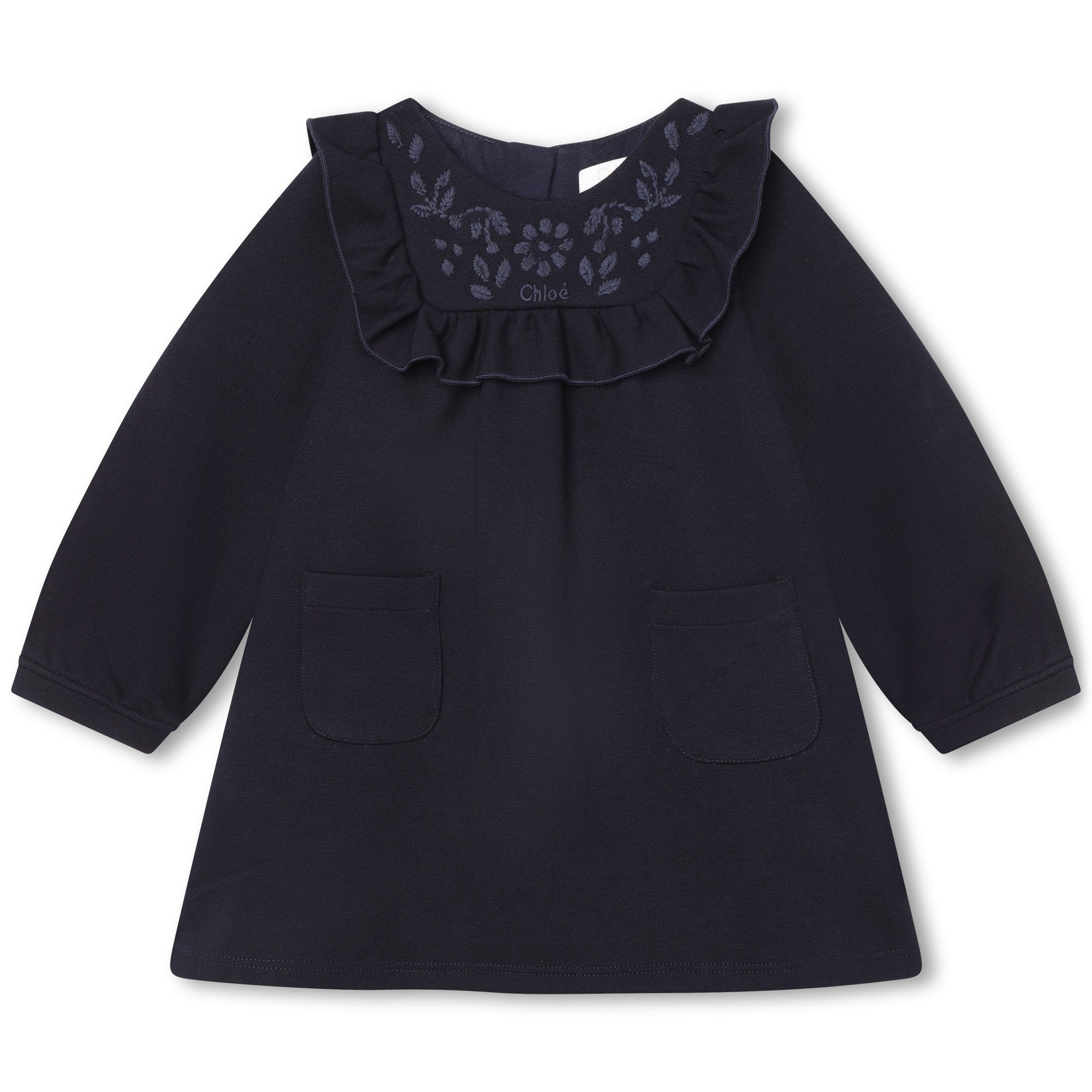CHLOÉ NAVY TODDLER DRESS WITH FLOWER EMBROIDERED DETAIL