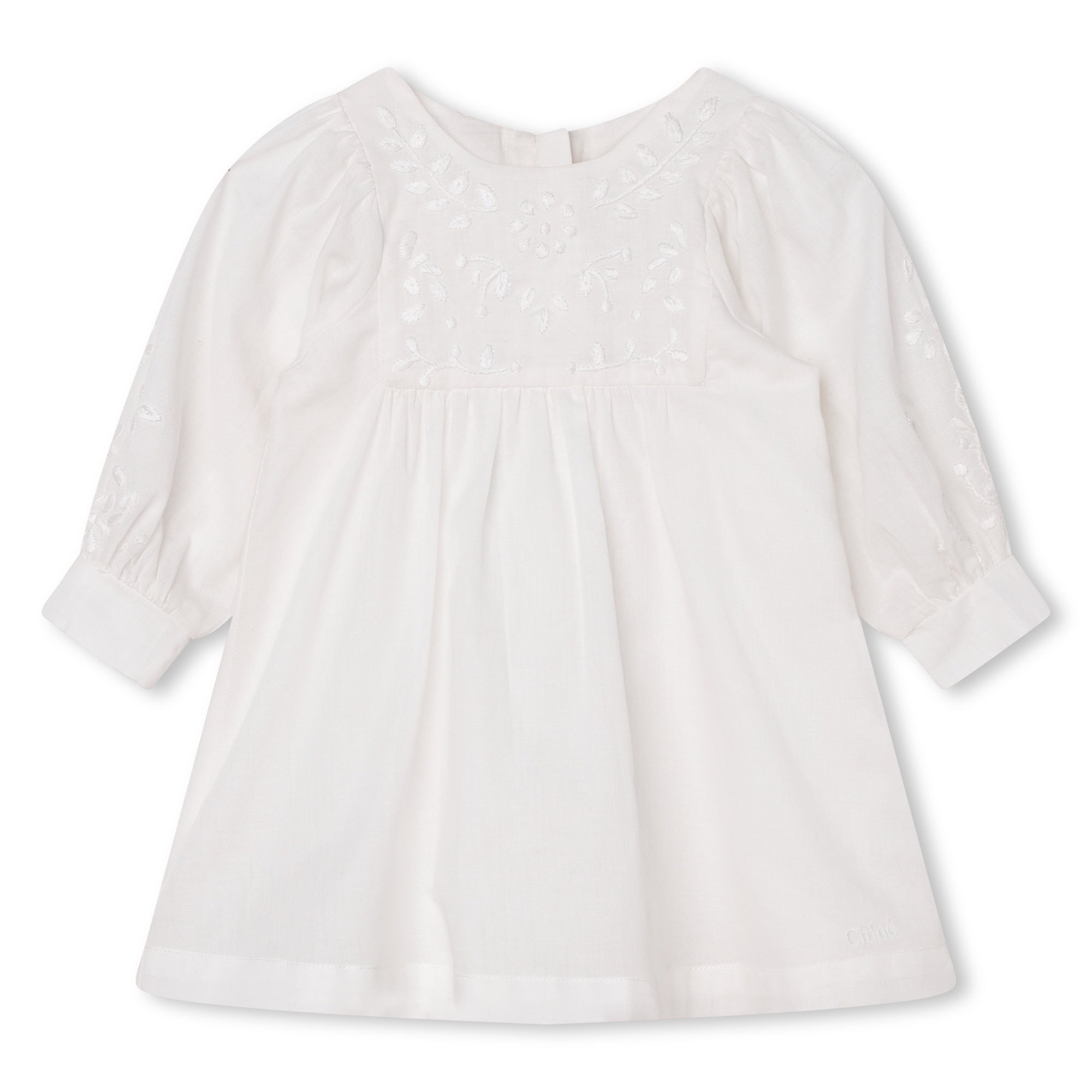 CHLOÉ WHITE LONG SLEEVE DRESS- EMBROIDERED FLOWER DETAIL