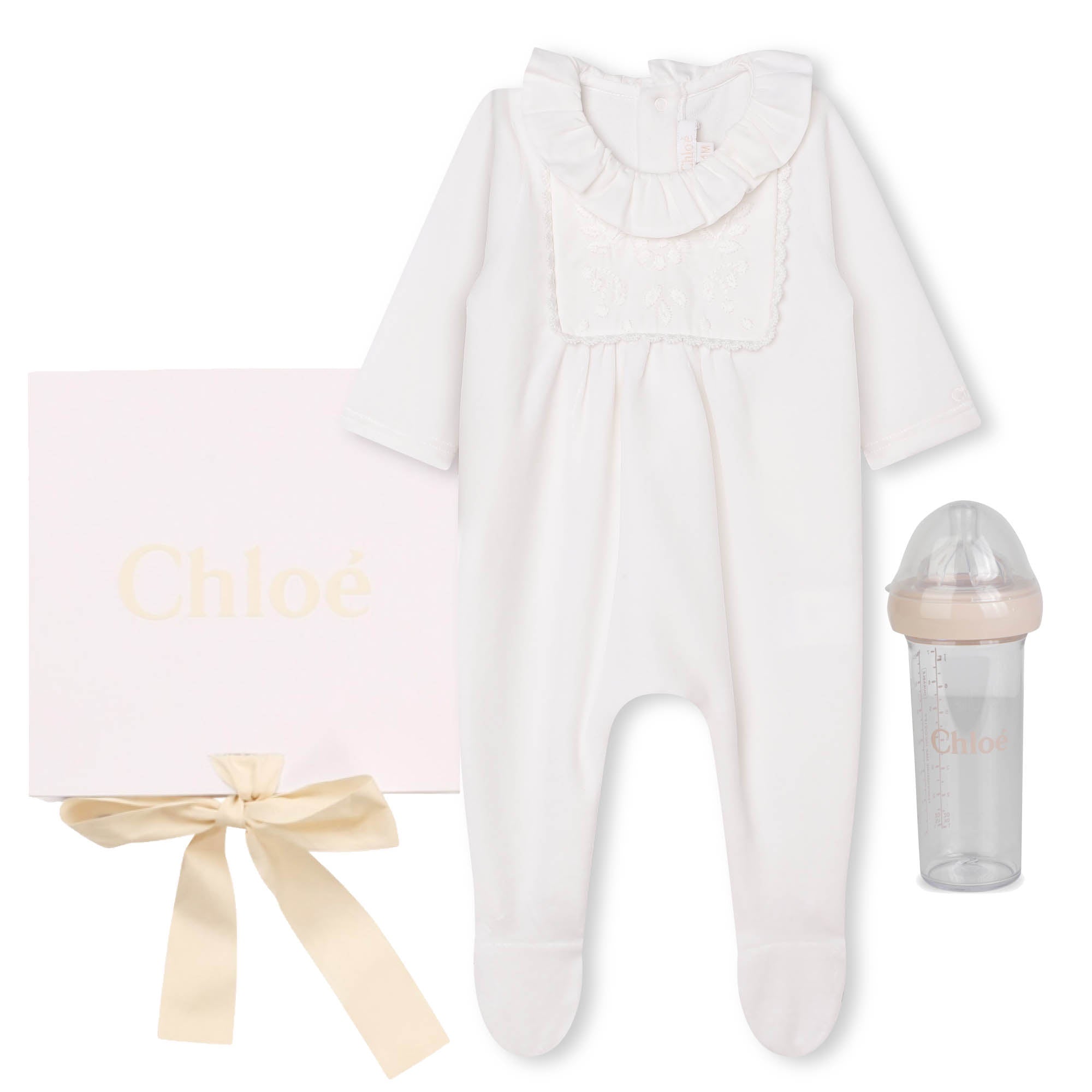 CHLOÉ FLOWER EMBROIDERED ONESIE + BOTTLE GIFT SET