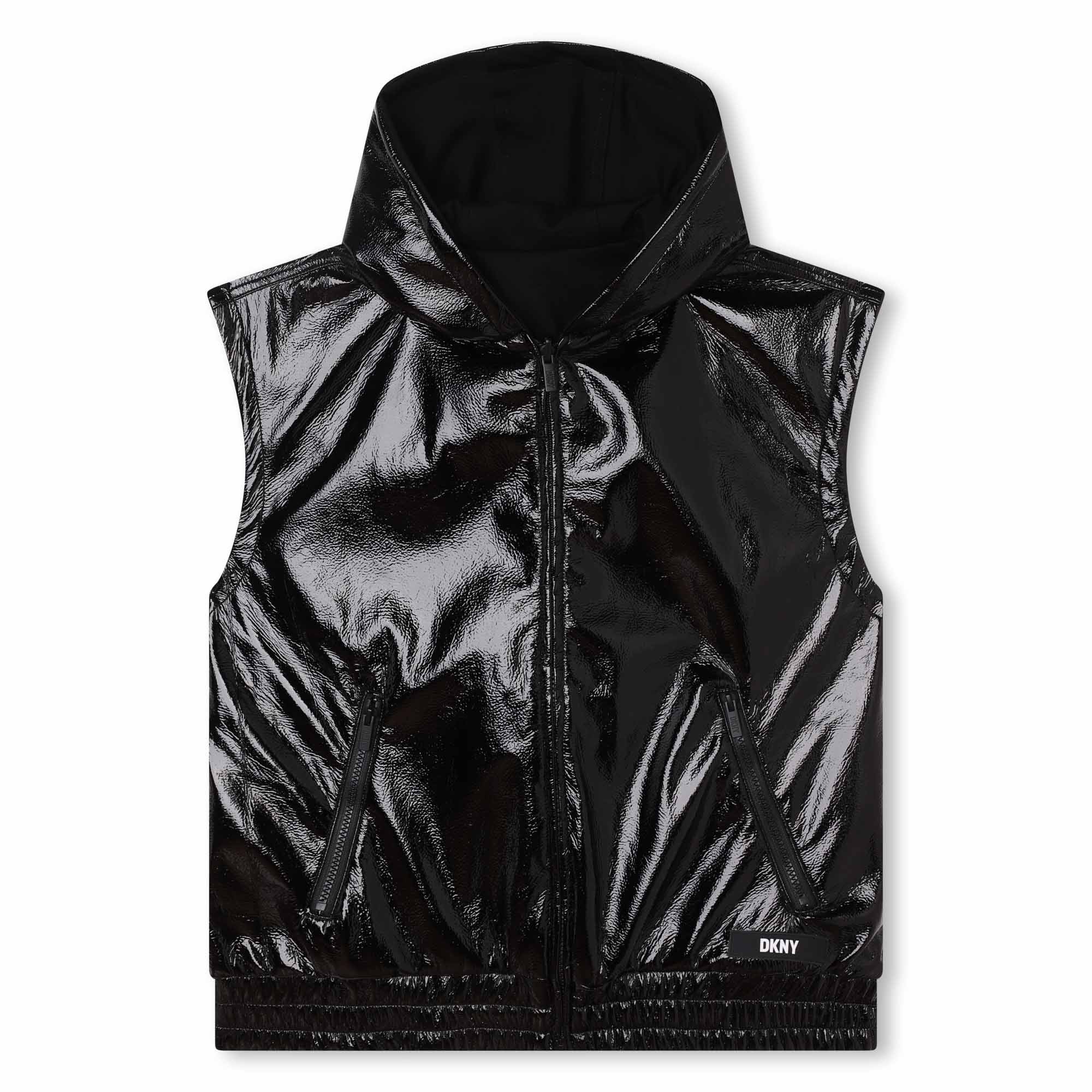 DKNY SHINY BLACK REVERSIBLE JACKET/VEST WITH HOOD
