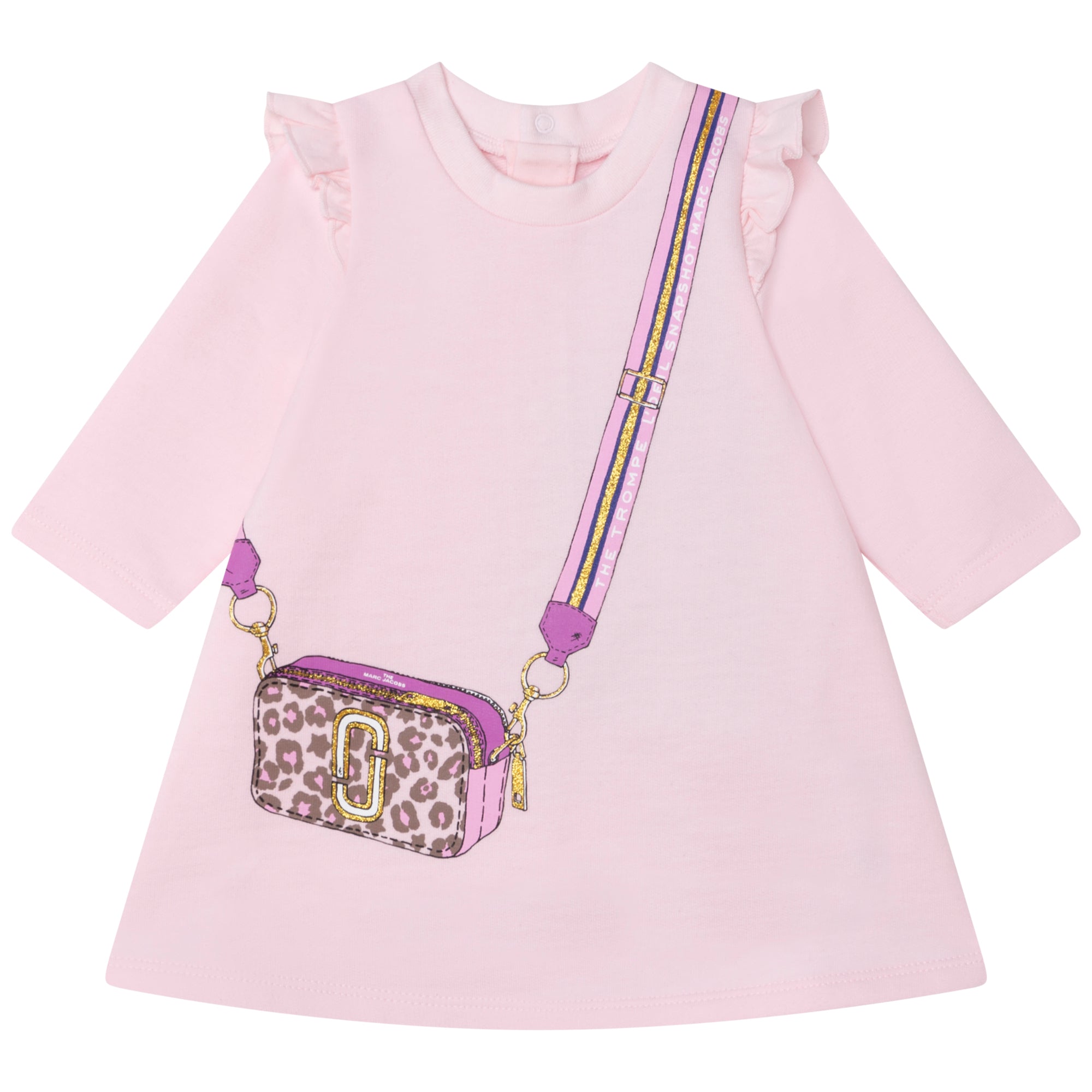 MARC JACOBS PINK TODDLER Trompe l’oeil cotton fleece dress with “Snapshot” bag