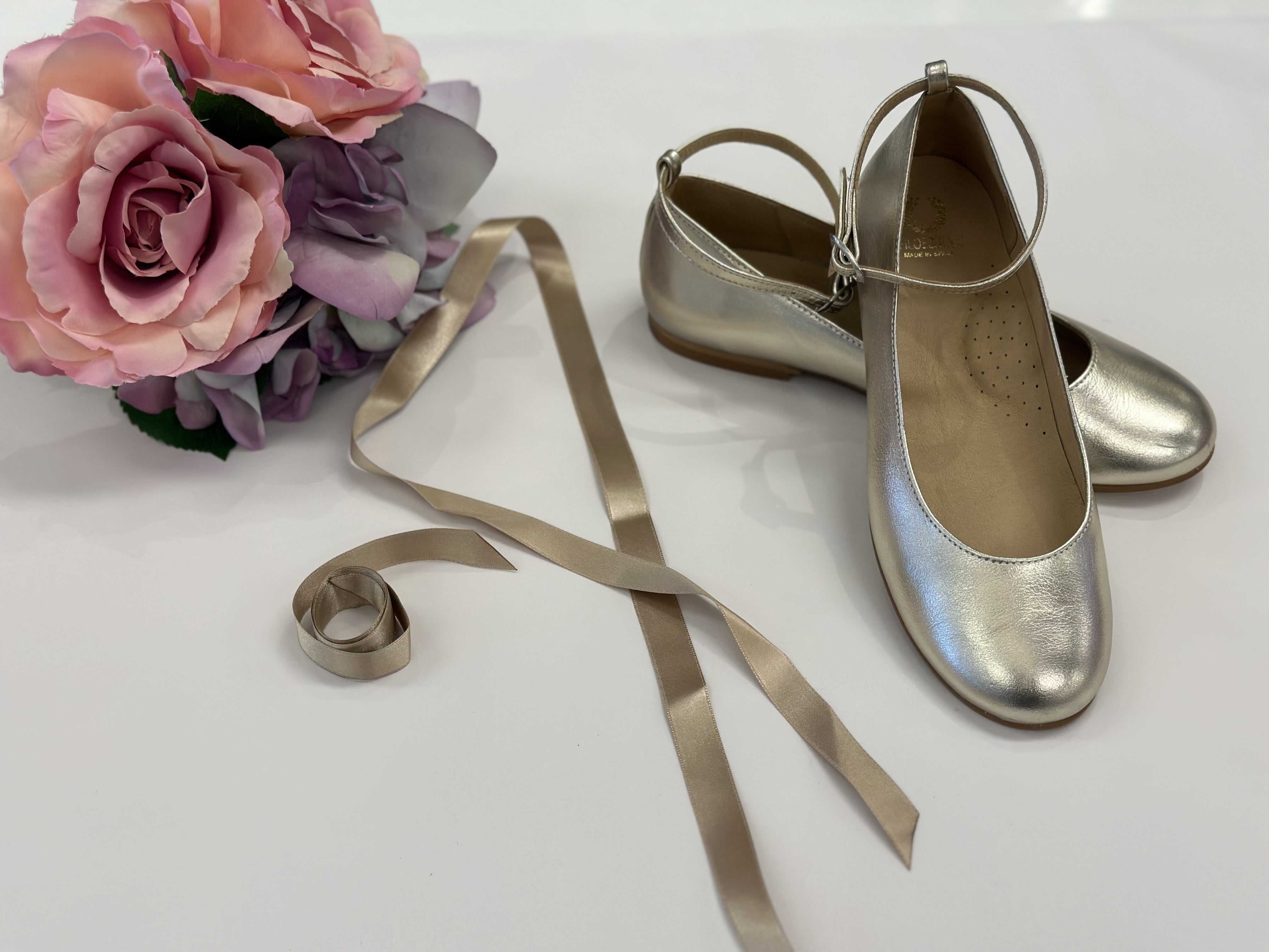 Gold Champagne Ballerina with Ankle straps and Satin Ribbon ties