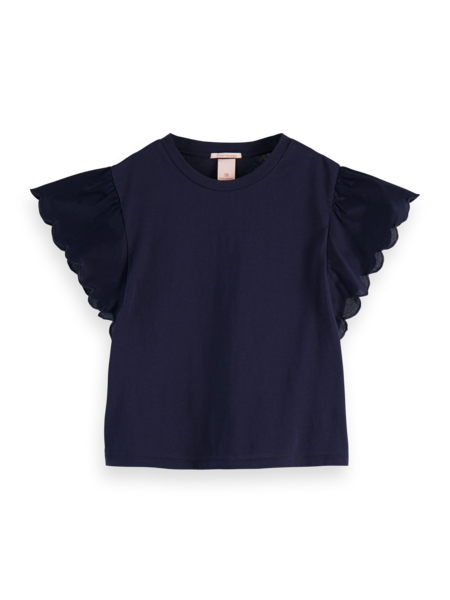 Scotch & Soda Navy Cotton jersey scalloped sleeve T-shirt