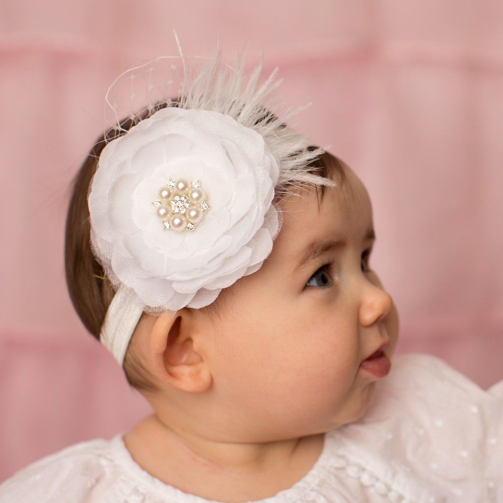 BEAUTIFUL WHITE SILK LAYERED FLOWER WITH PEARL AND STONE FINISHED WITH MARABOU FEATHER AND DELICATE NET VEIL ON A SOFT ELASTIC HEADBAND