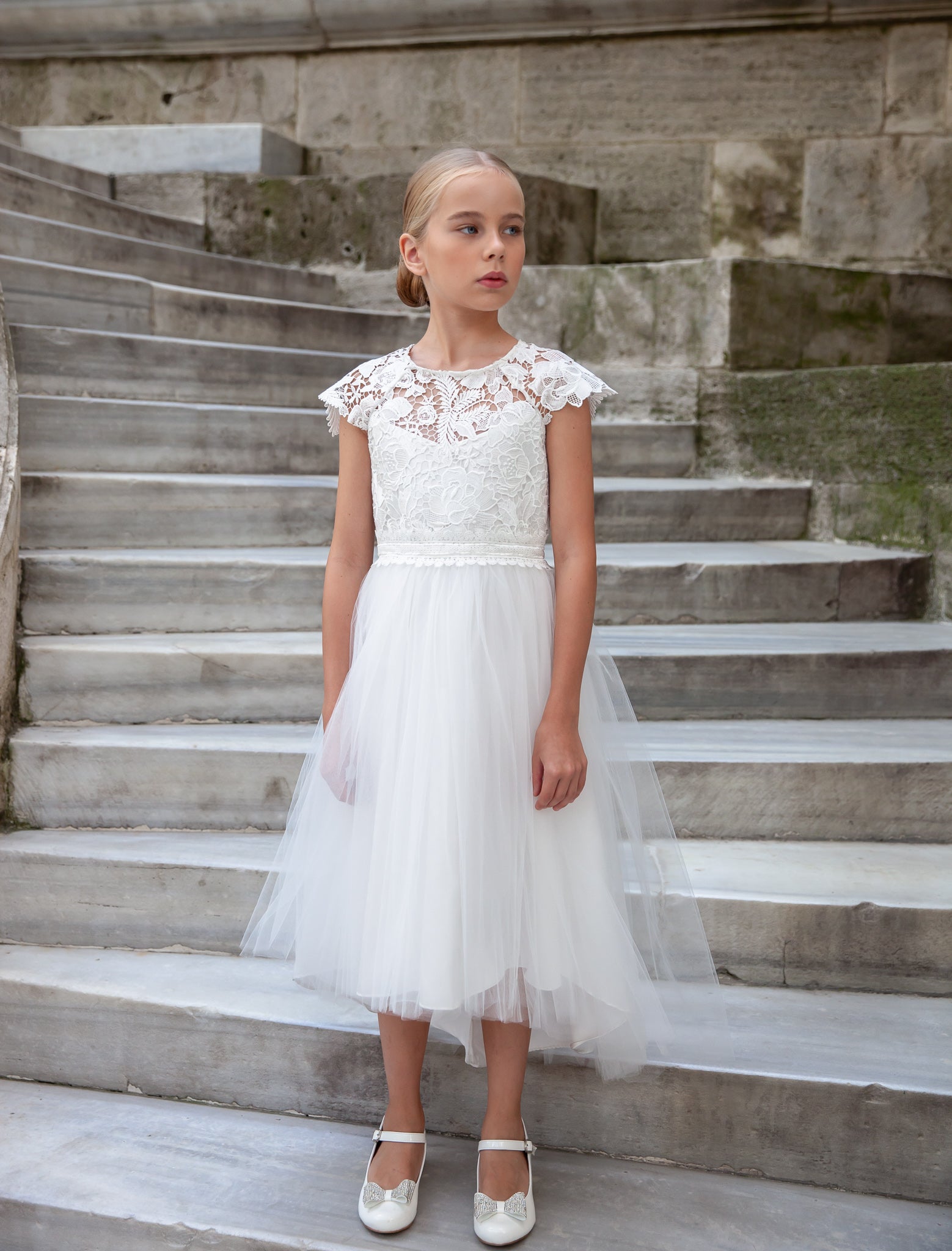 FLEUR- White Guipere Swiss Lace bodice Communion Dress