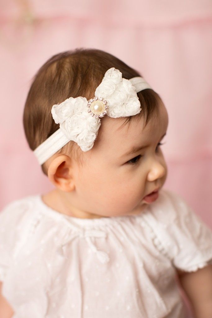 IVORY ROSEY CHIFFON BOW WITH LARGE PEARL AND DIAMANTE RHINESTONE