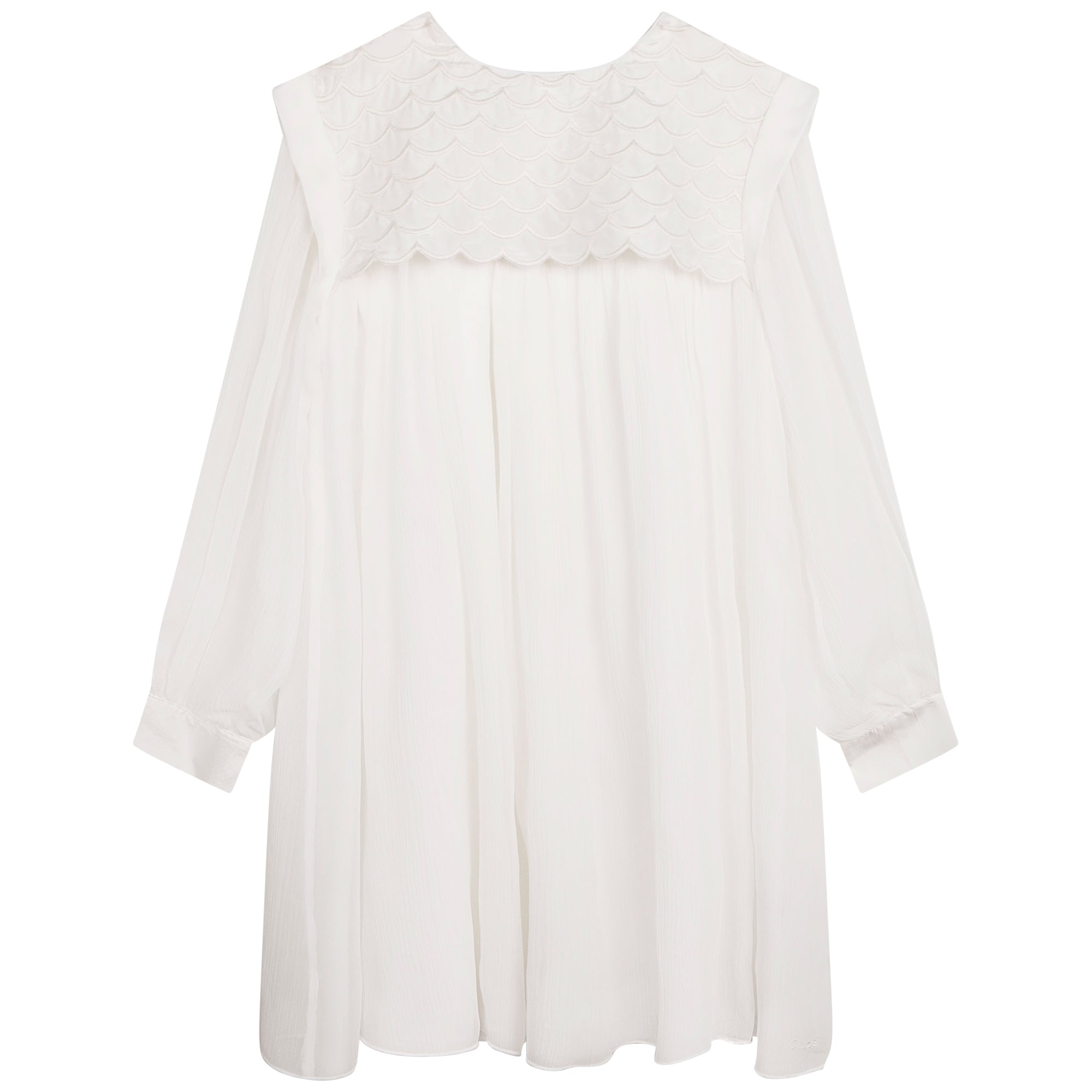CHLOÉ SILK CREPE CEREMONEY DRESS W/OVERLAID EMBROIDERED SCALLOPS