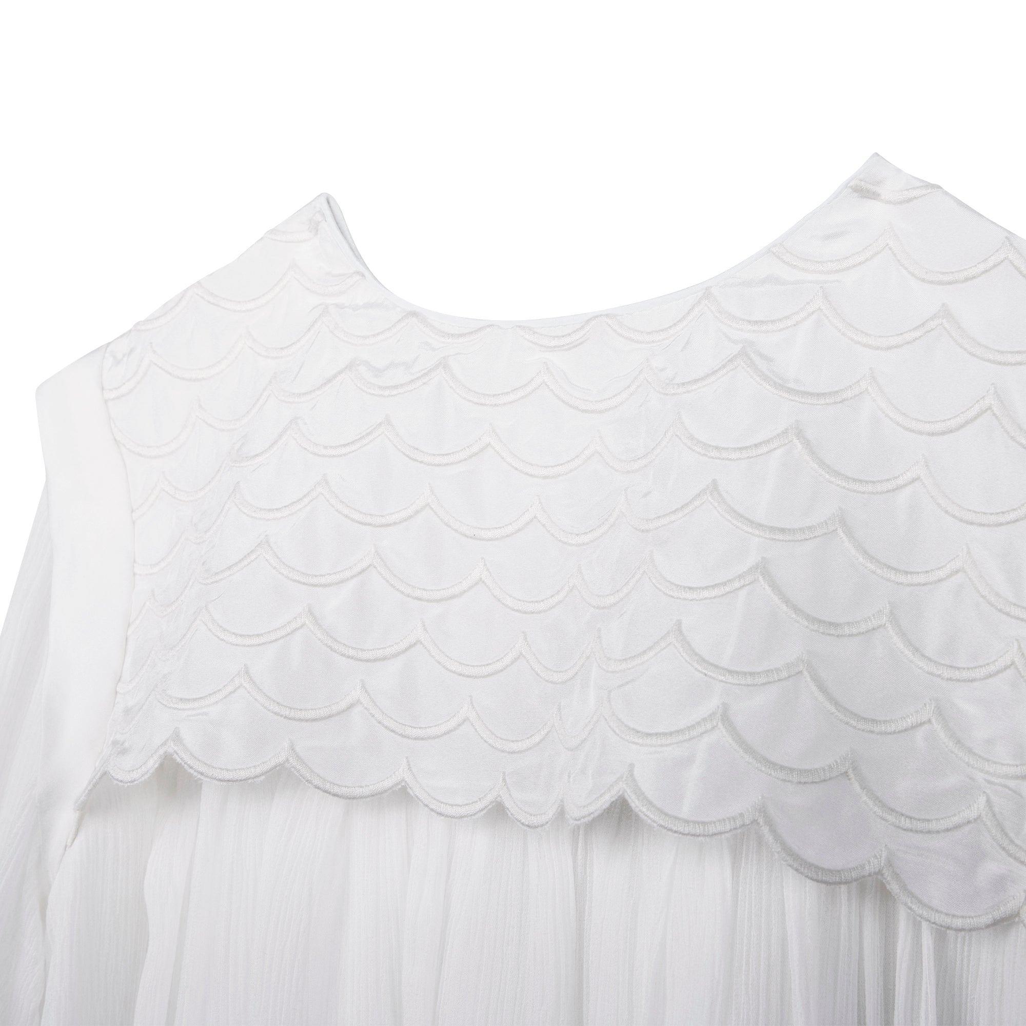 CHLOÉ SILK CREPE CEREMONEY DRESS W/OVERLAID EMBROIDERED SCALLOPS