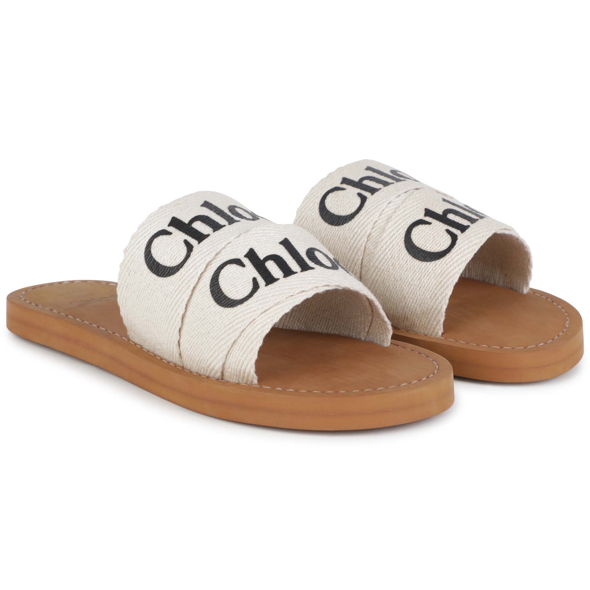 CHLOÉ IVORY LINEN WOODY SANDALS