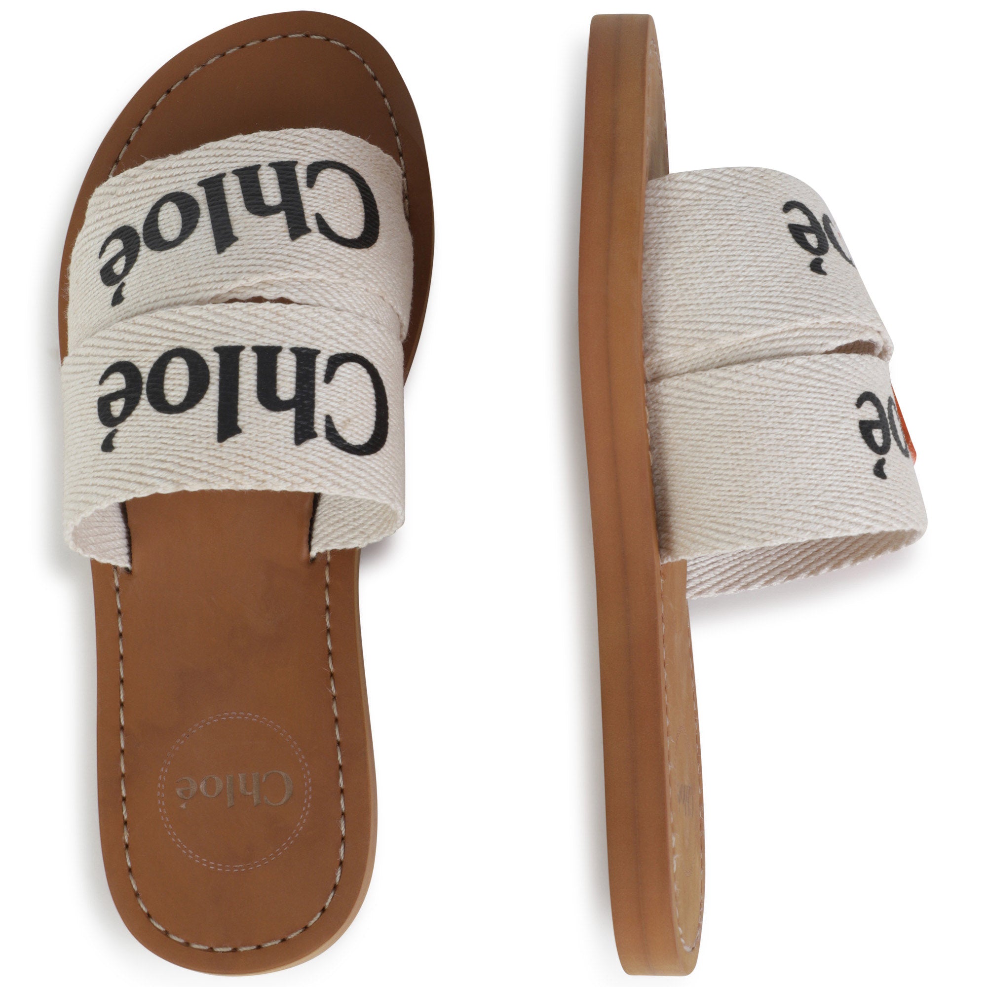 CHLOÉ IVORY LINEN WOODY SANDALS