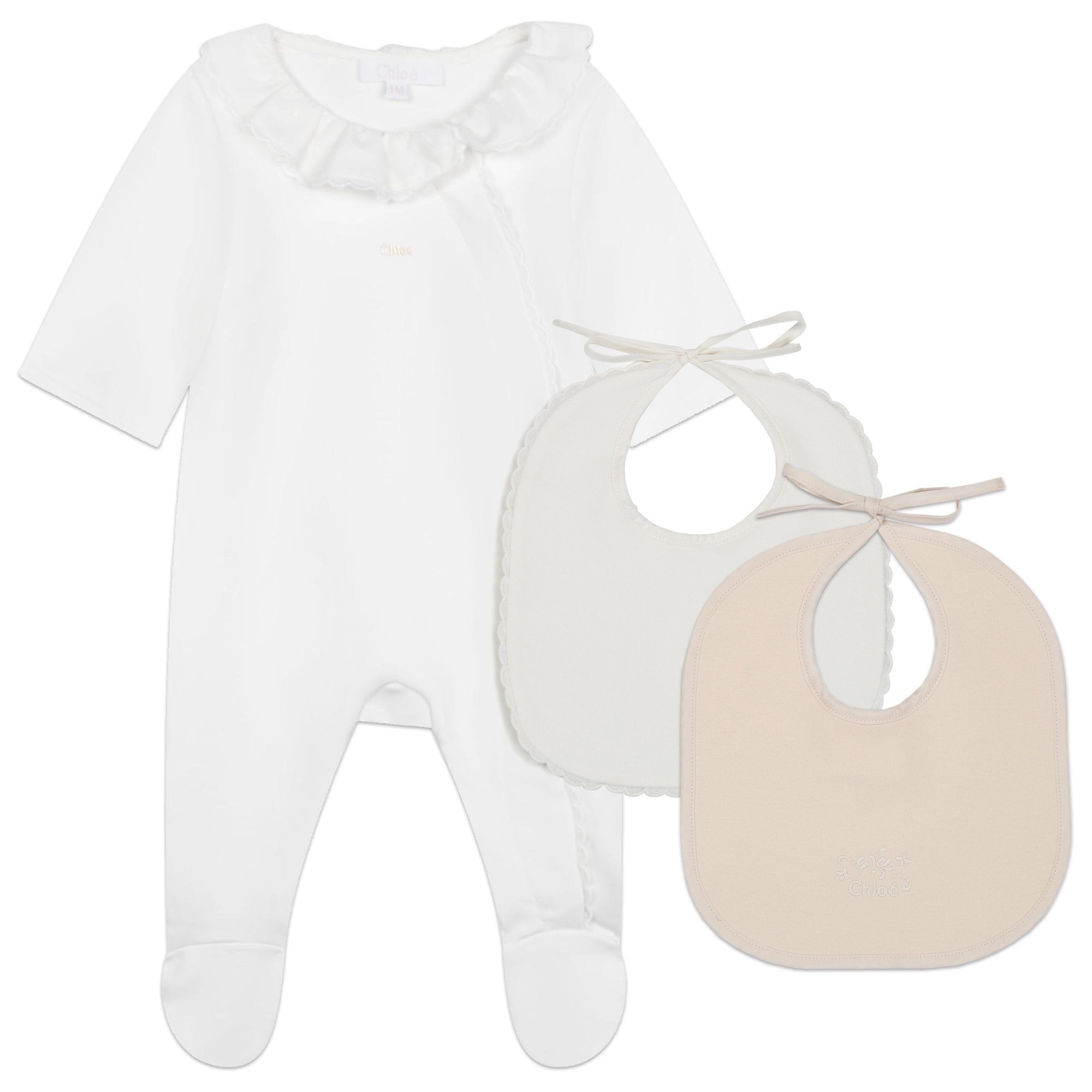 CHLOÉ OFFWHITE BABY GIFT SET PYGAMAS + 2 BIBS