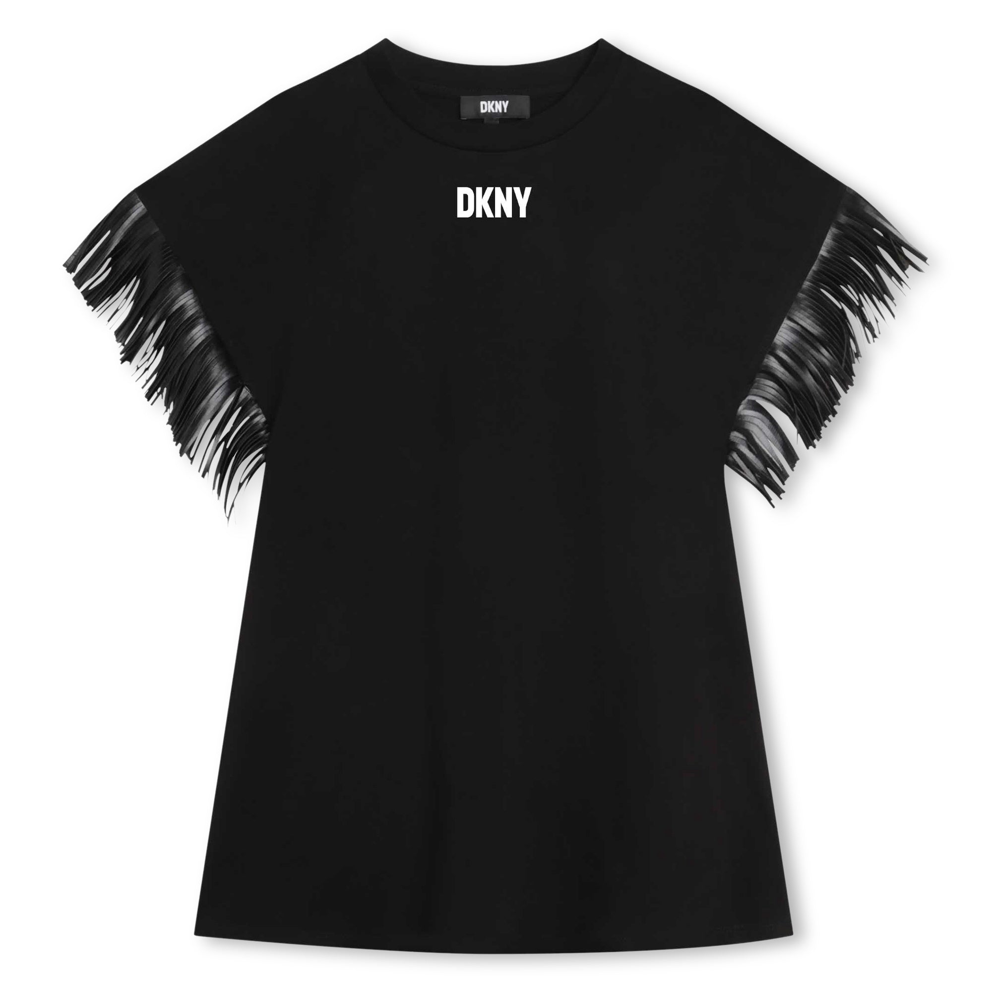 DKNY BLACK DRESS WITH A FRINGE SLEEVE