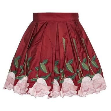 Monnalisa Burgundy Taffeta Skirt with Pink Rose Appliqué