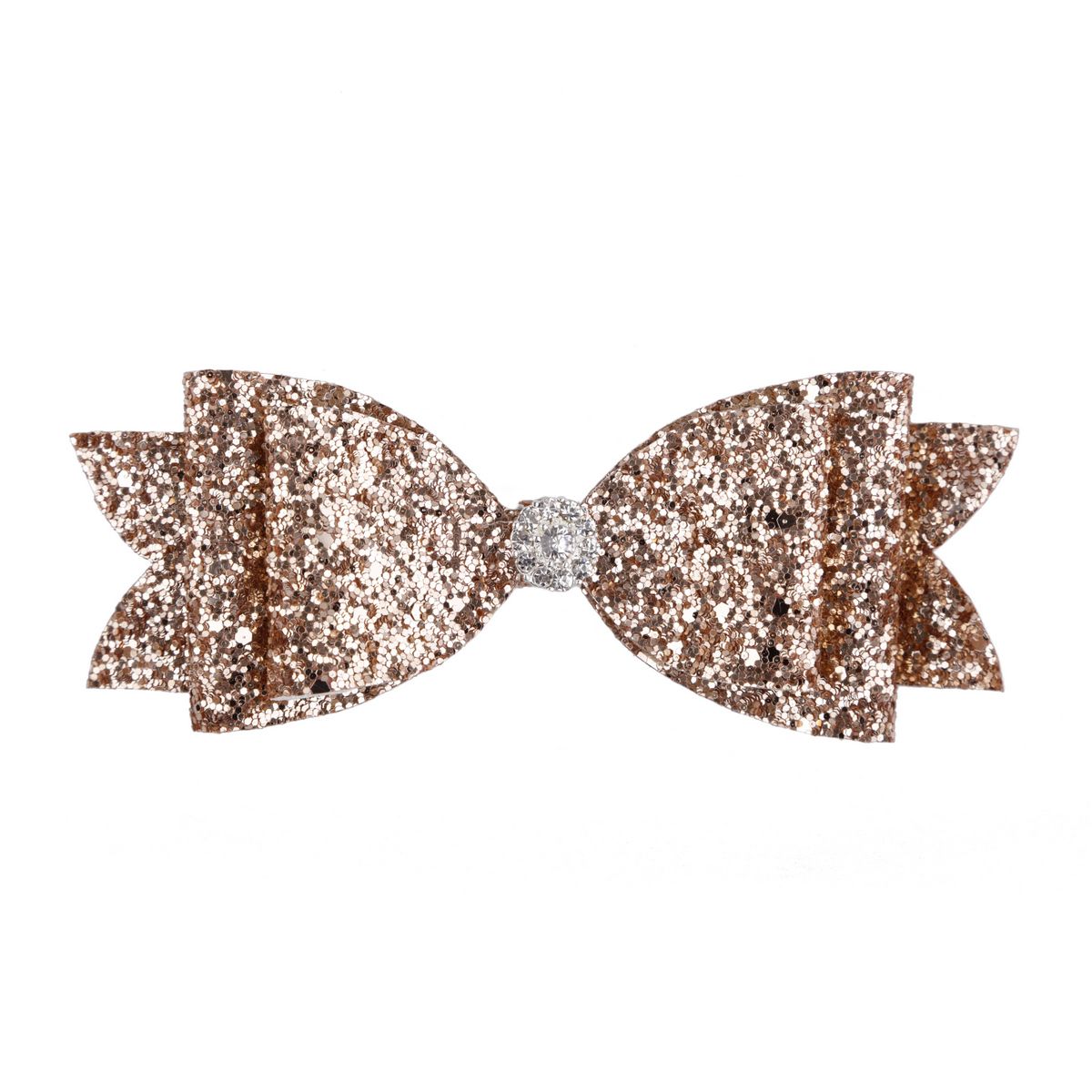 ROSE GOLD GLITTER LARGE BOW WITH RHINESTONE ON A CLIP