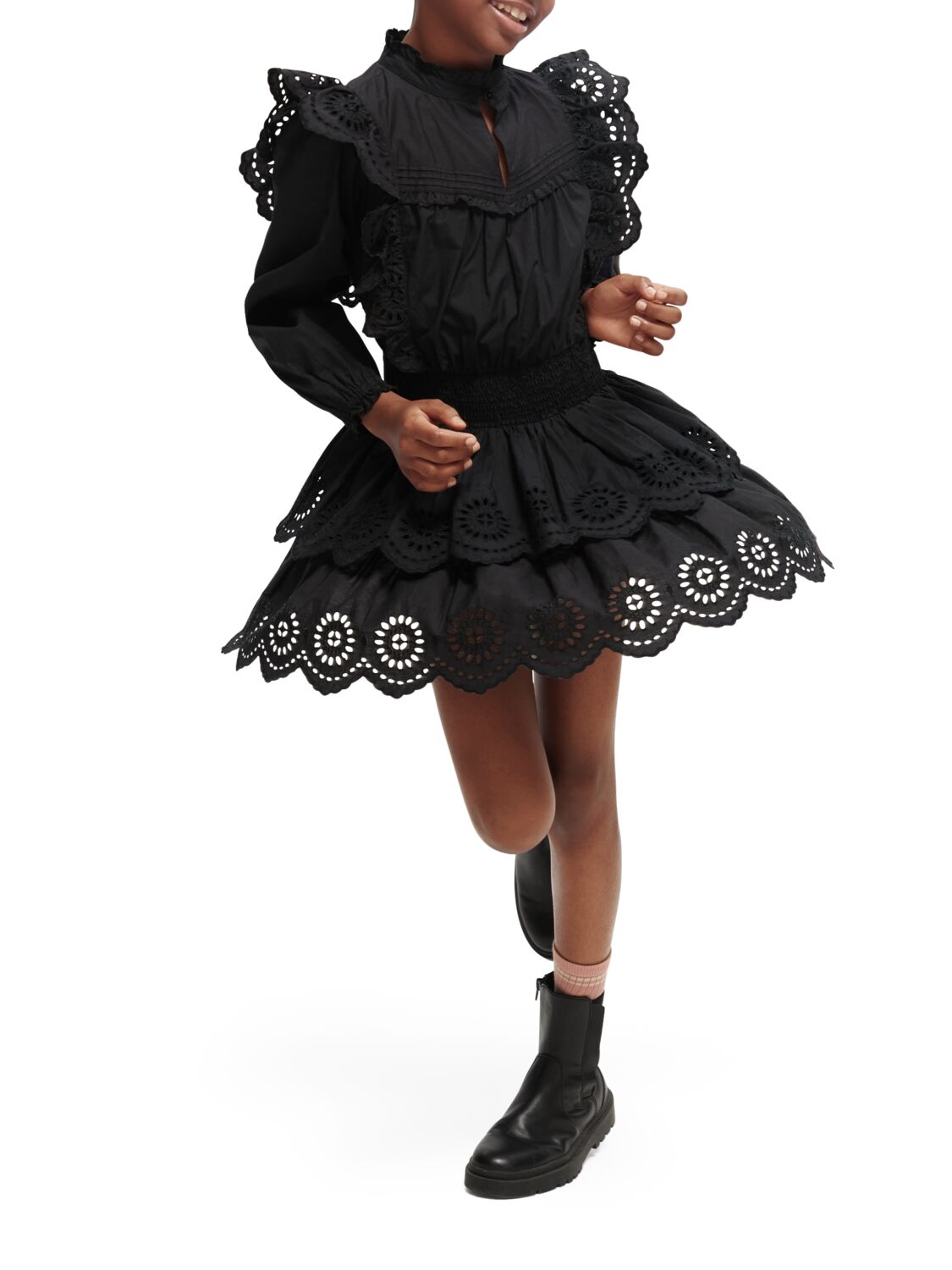 Scotch & Soda Short length long-sleeve broderie anglaise tiered dress