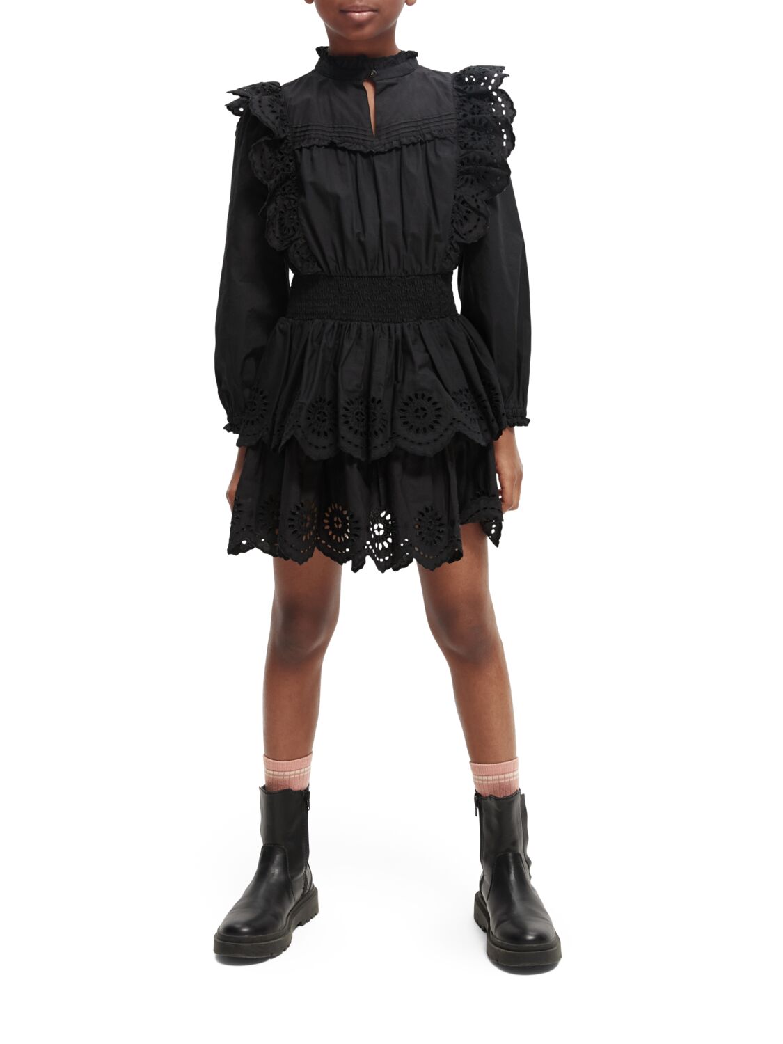 Scotch & Soda Short length long-sleeve broderie anglaise tiered dress