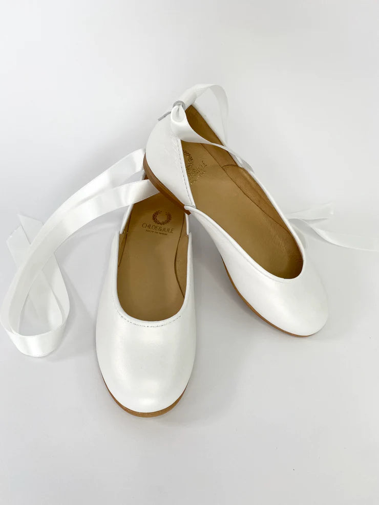 CHLOE&JULE Prima Ballerina Pearl White leather with ankle straps and satin ribbon ties