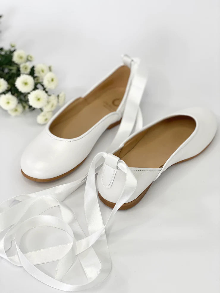 CHLOE&JULE Prima Ballerina Pearl White leather with ankle straps and satin ribbon ties