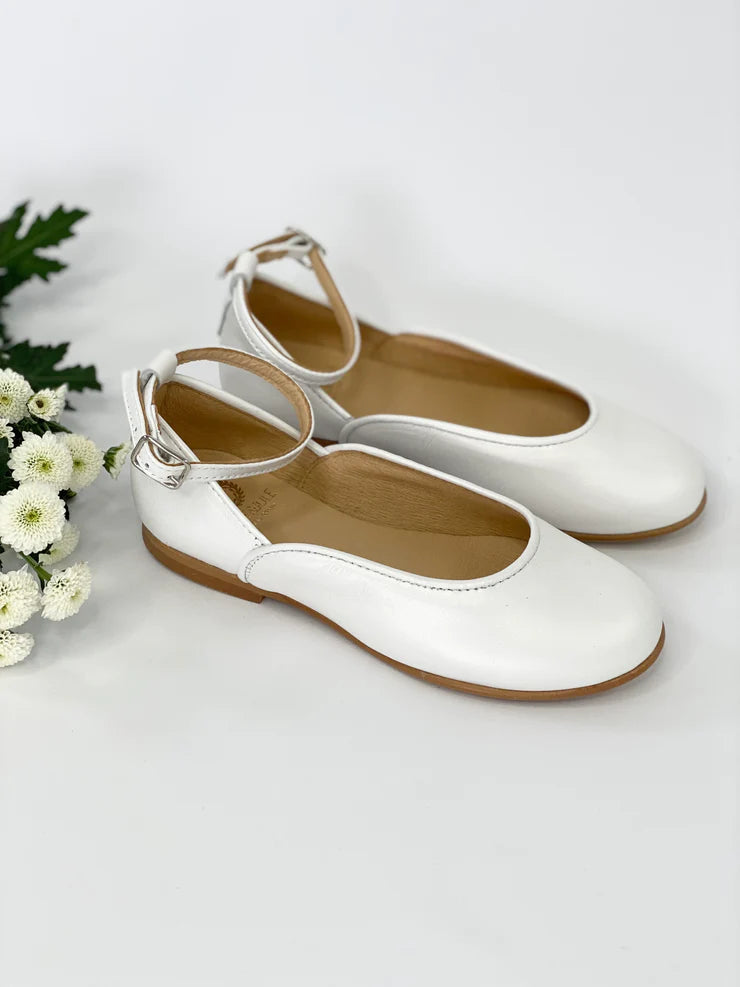 CHLOE&JULE Prima Ballerina Pearl White leather with ankle straps and satin ribbon ties