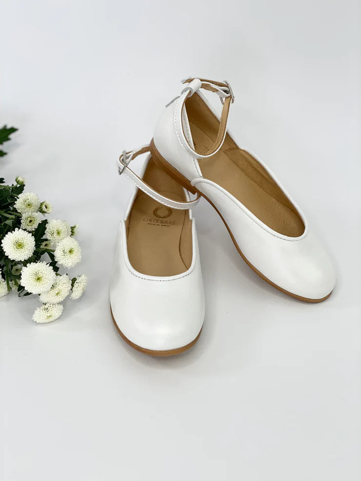 CHLOE&JULE Prima Ballerina Pearl White leather with ankle straps and satin ribbon ties