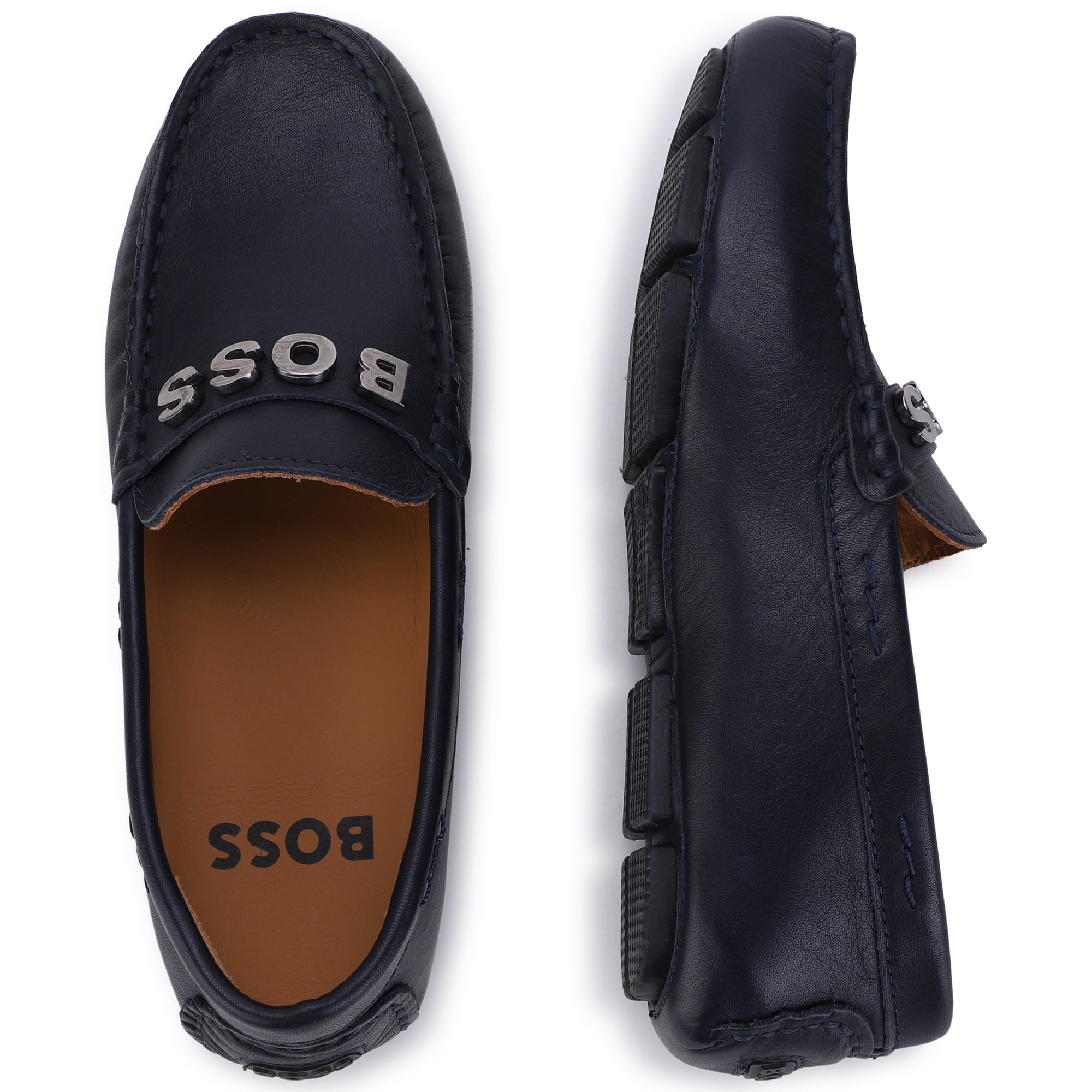 BOSS NAVY LEATHER MOCCASIN