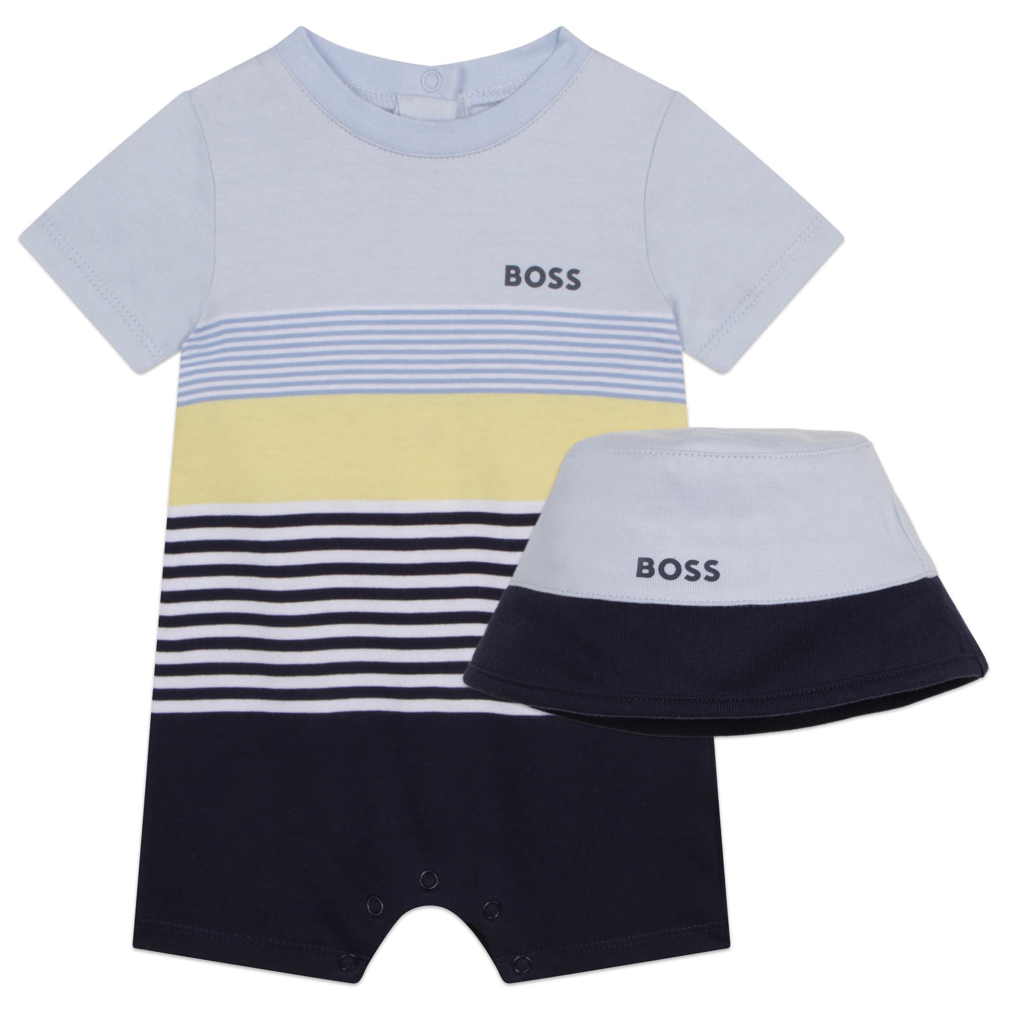 BOSS BABY SET ALL IN ONE + PULL ON HAT- PALE BLUE WITH STRIPES