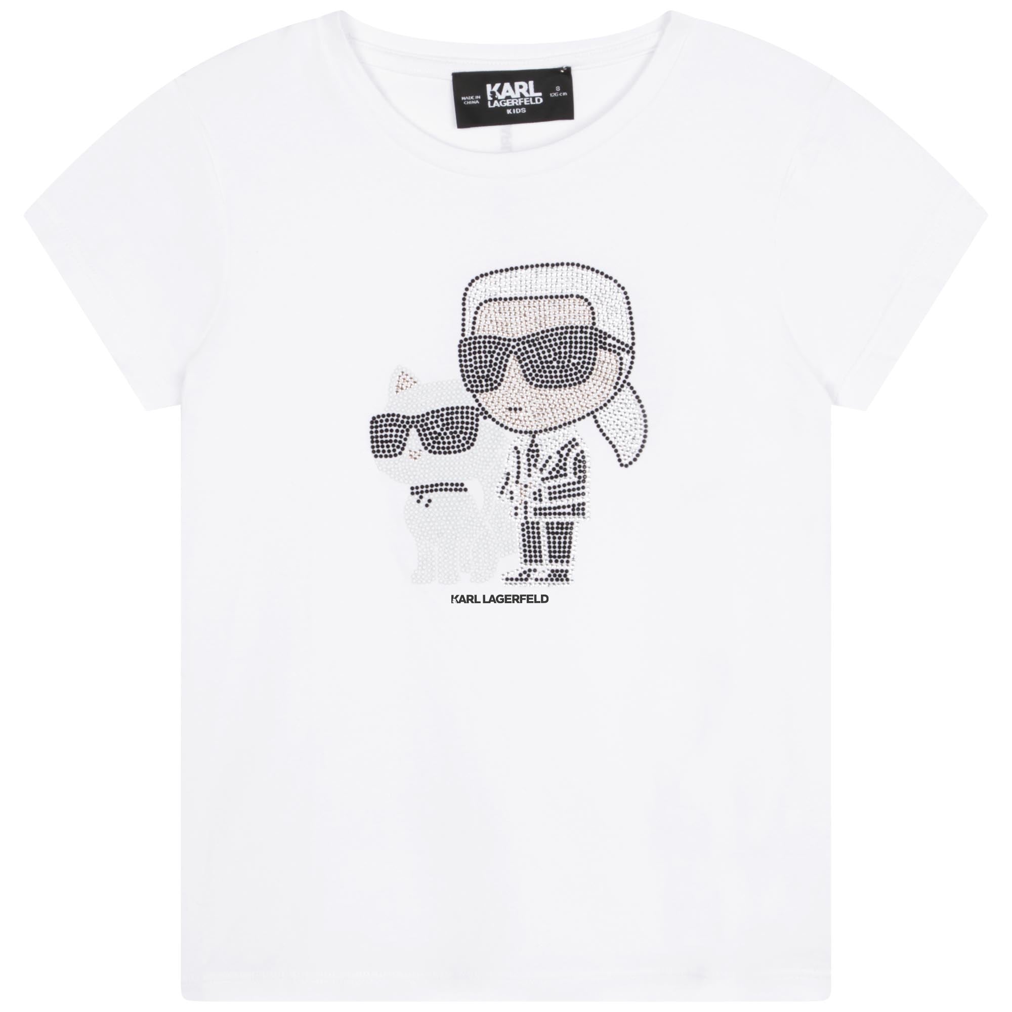 KARL LAGERFELD T-SHIRT KARL and CHOUPETTE illustration in rhinestones.