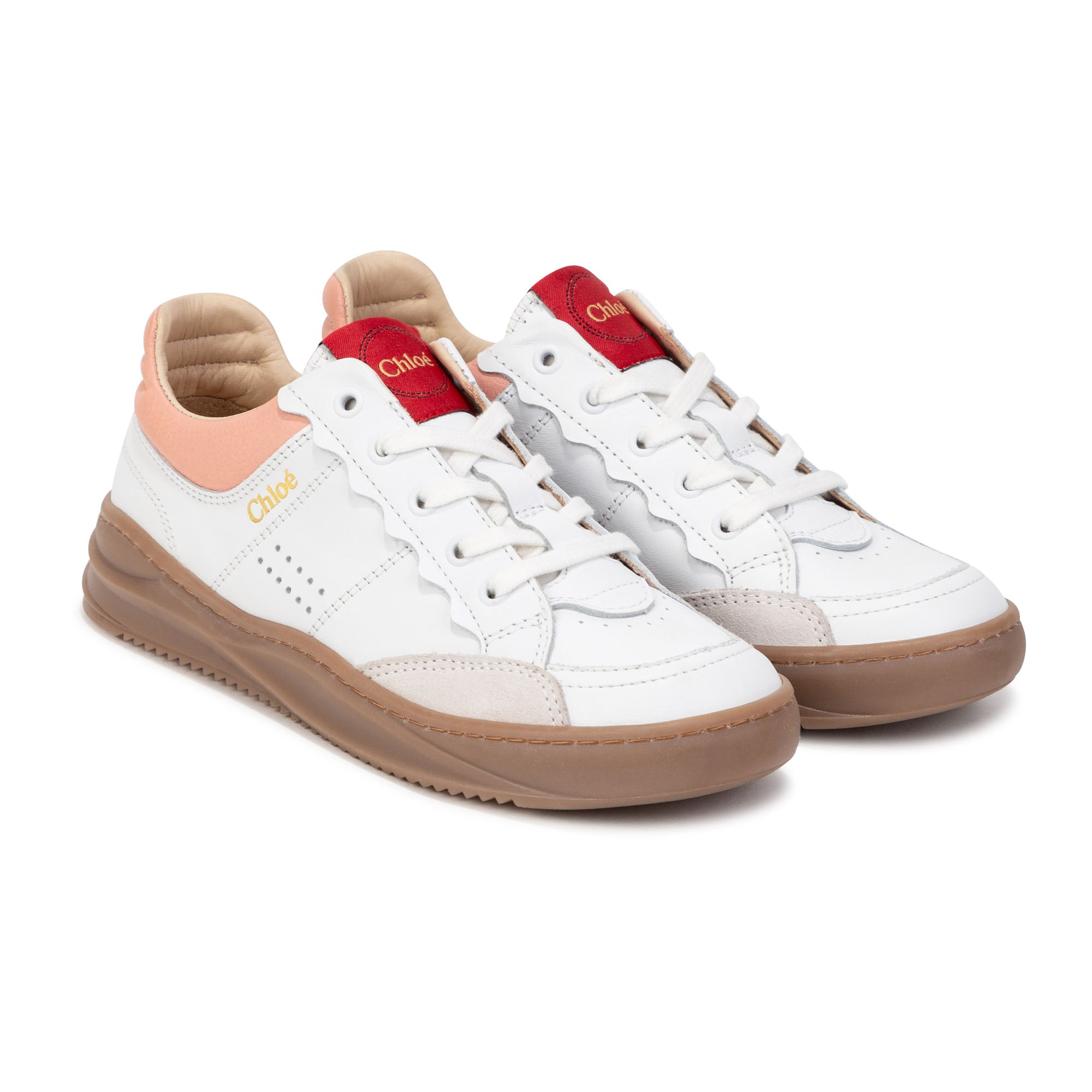 CHLOÉ WHITE LEATHER TRAINERS -PINK/RED ACCENT