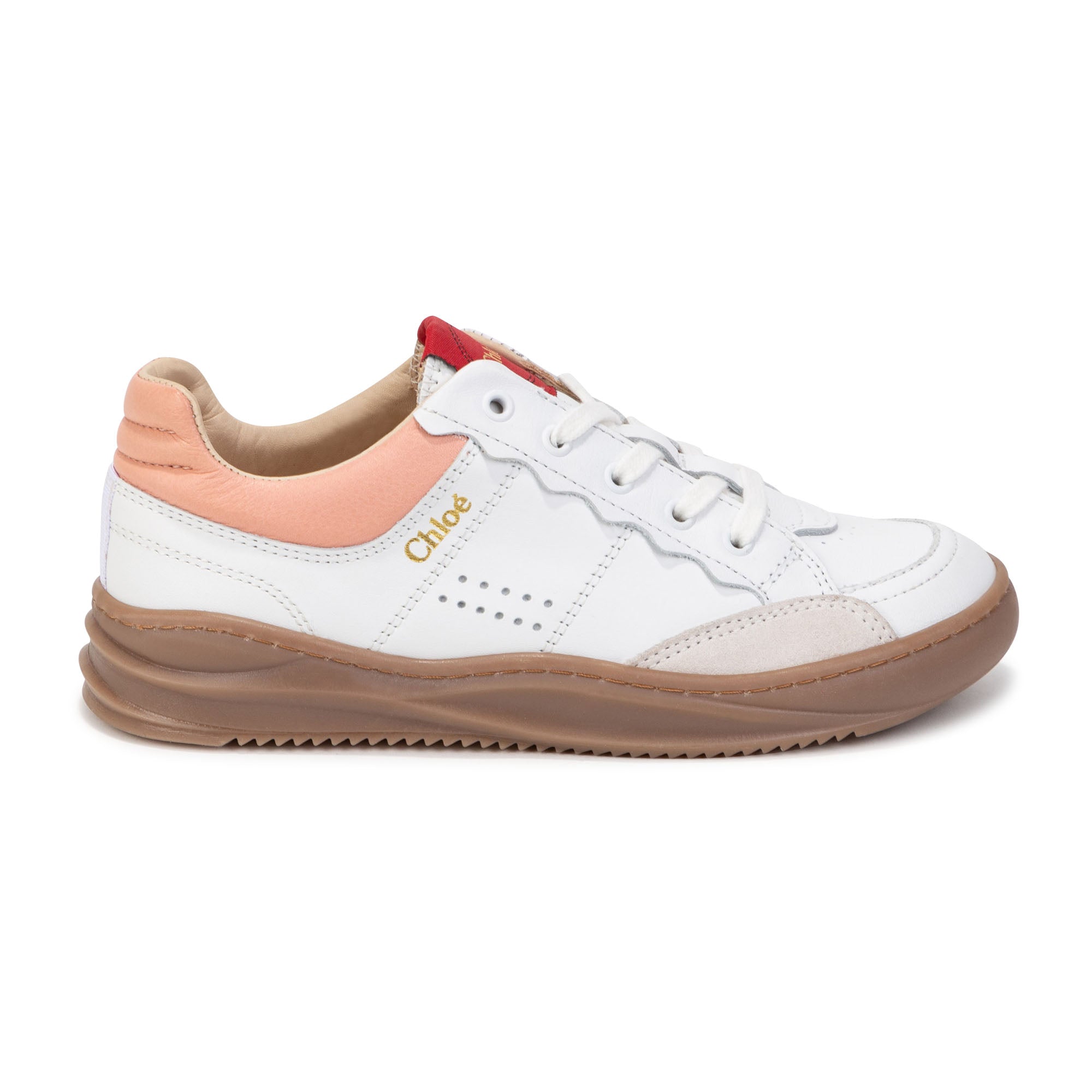 CHLOÉ WHITE LEATHER TRAINERS -PINK/RED ACCENT