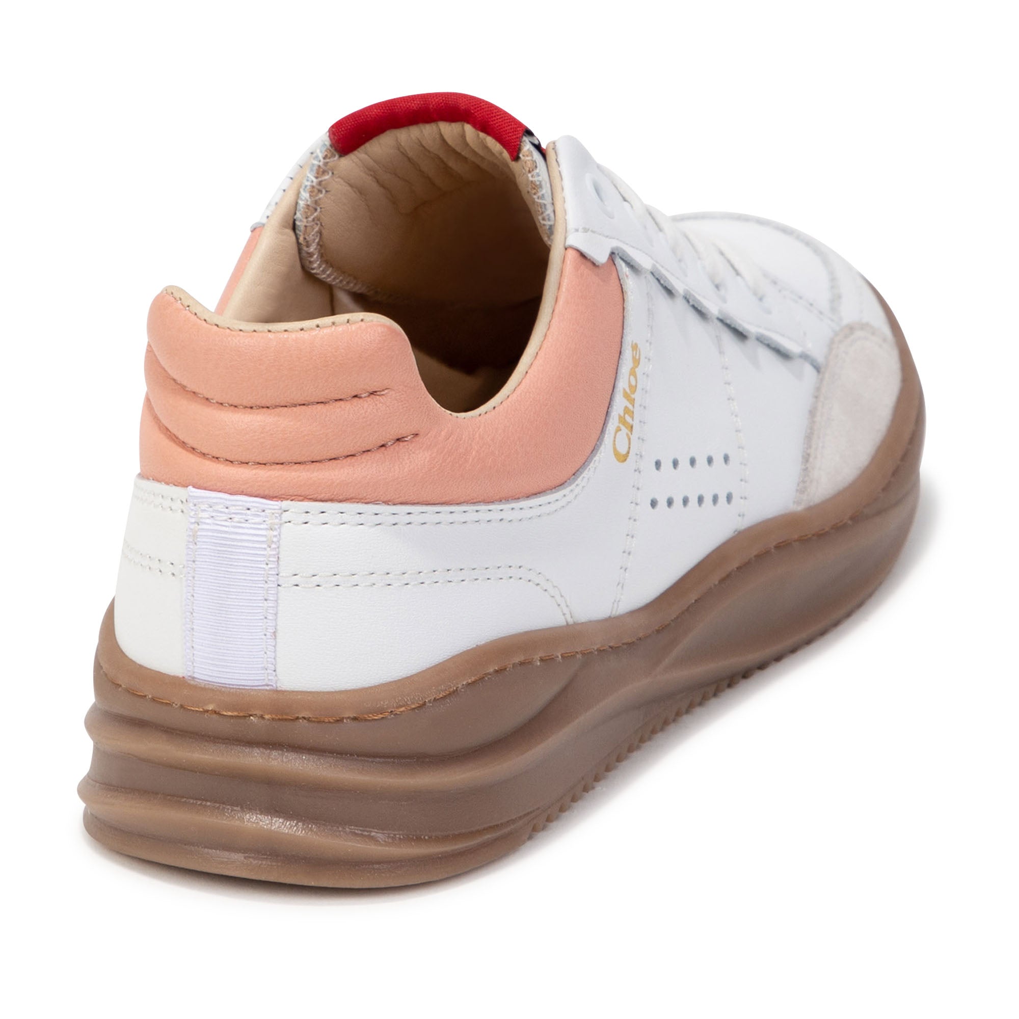 CHLOÉ WHITE LEATHER TRAINERS -PINK/RED ACCENT
