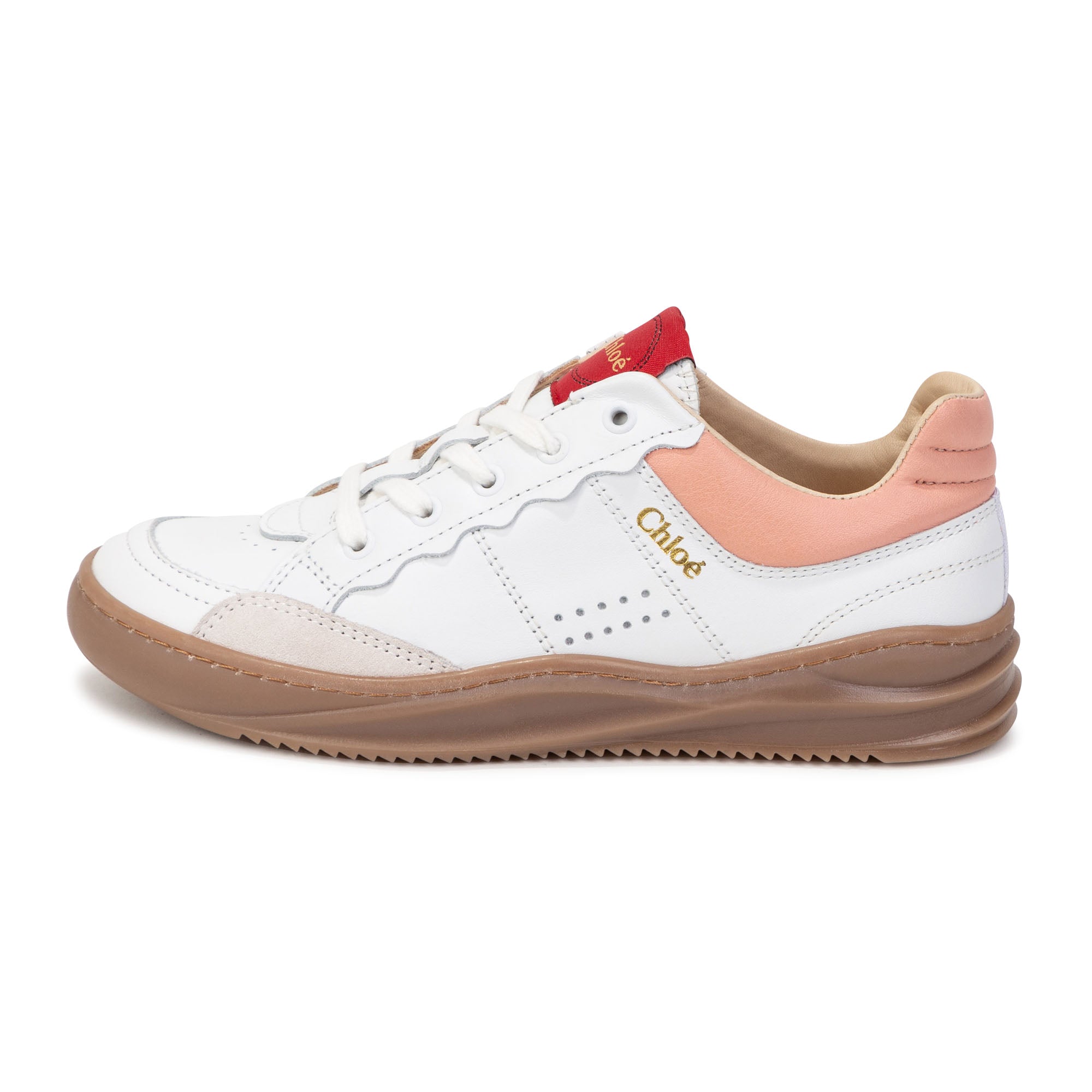 CHLOÉ WHITE LEATHER TRAINERS -PINK/RED ACCENT