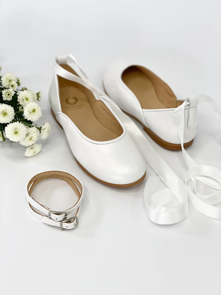 CHLOE&JULE Prima Ballerina Pearl White leather with ankle straps and satin ribbon ties