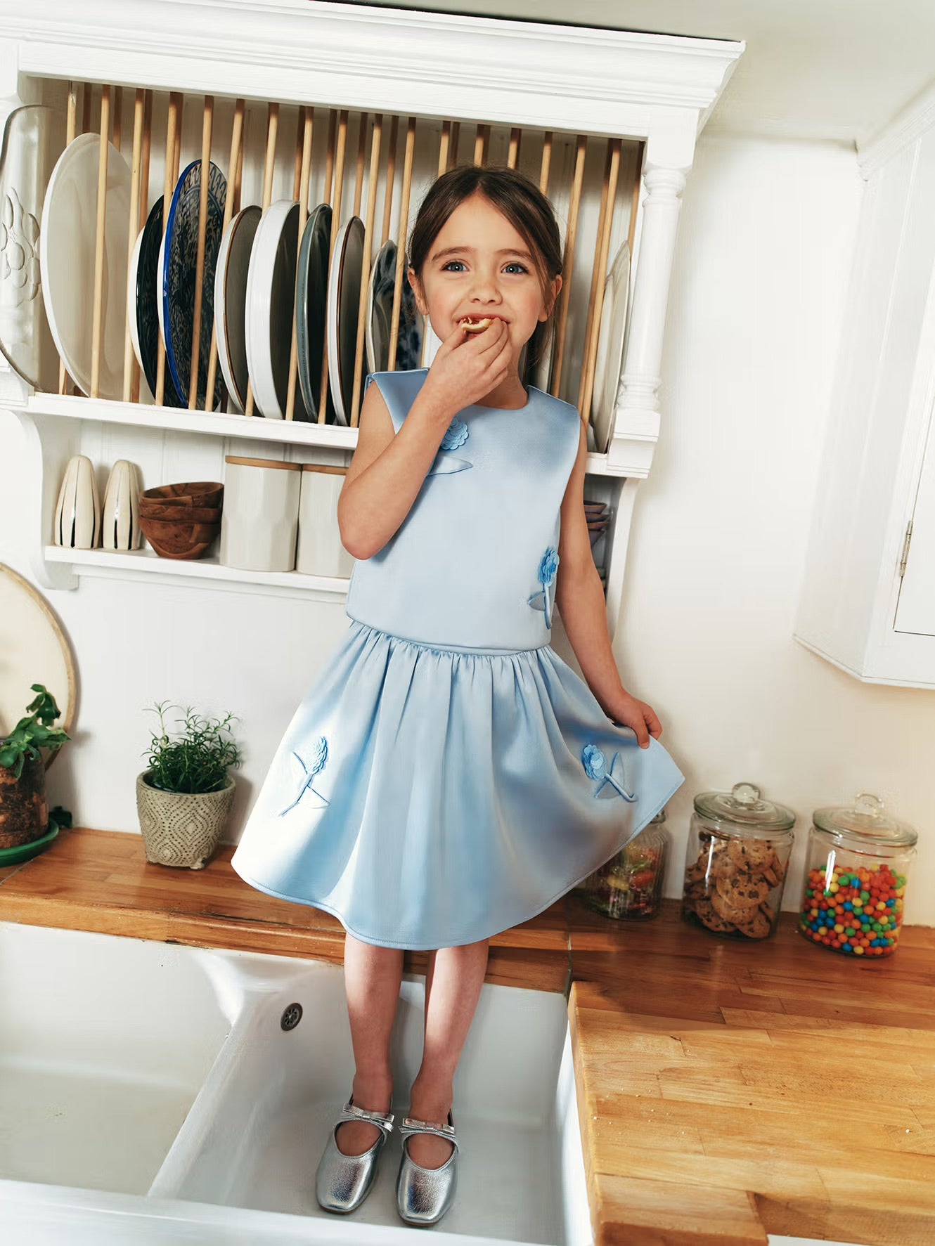 Self-Portrait Blue Satin Sequin Flower Top & Skirt Set