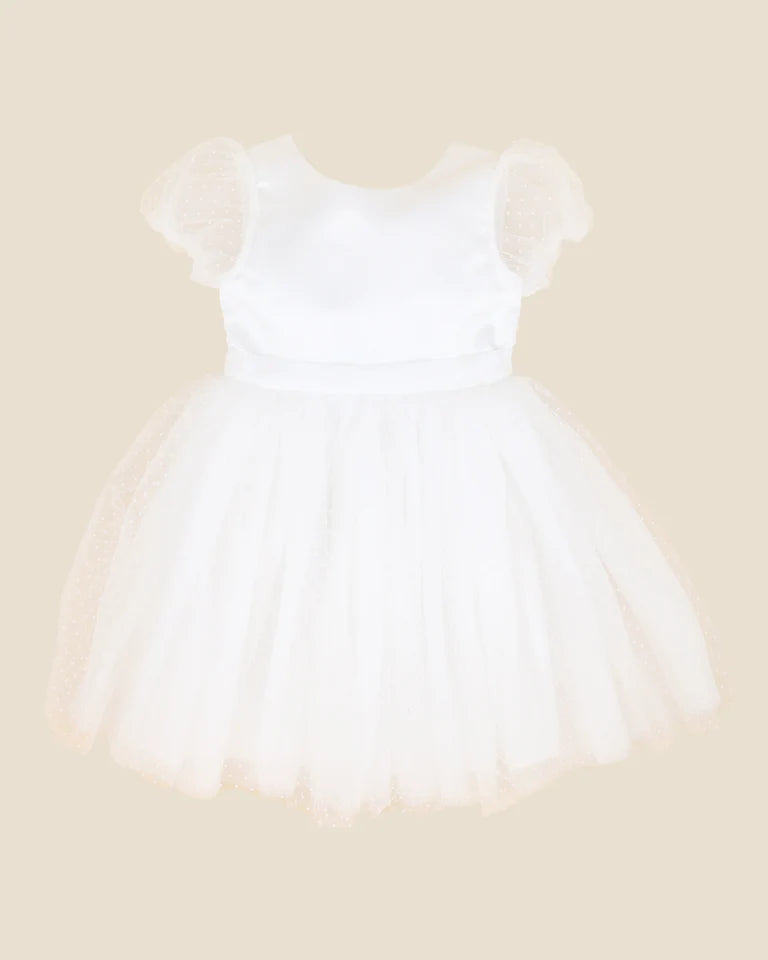 IVORY SPOT PUFF SLEEVE DRESS WTH BACK BOW 3-10YRS