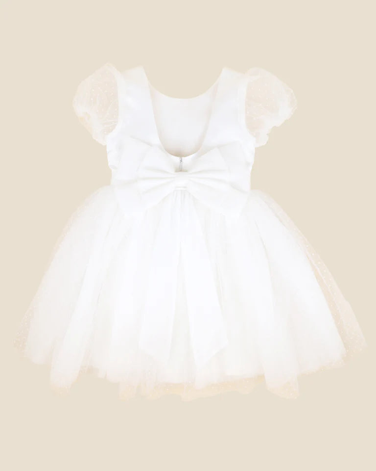 IVORY SPOT PUFF SLEEVE DRESS WTH BACK BOW 3-10YRS