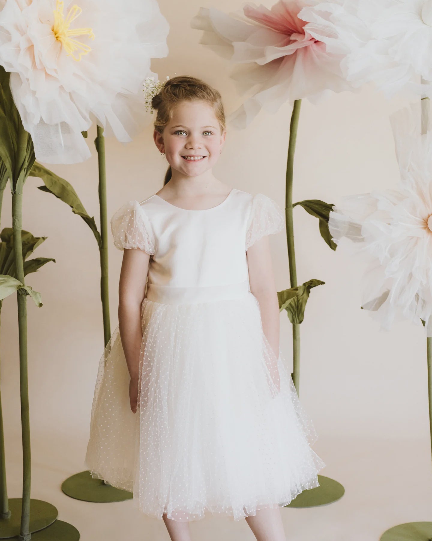 IVORY SPOT PUFF SLEEVE DRESS WTH BACK BOW 3-10YRS