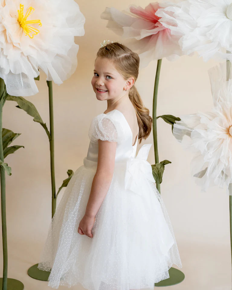 IVORY SPOT PUFF SLEEVE DRESS WTH BACK BOW 3-10YRS